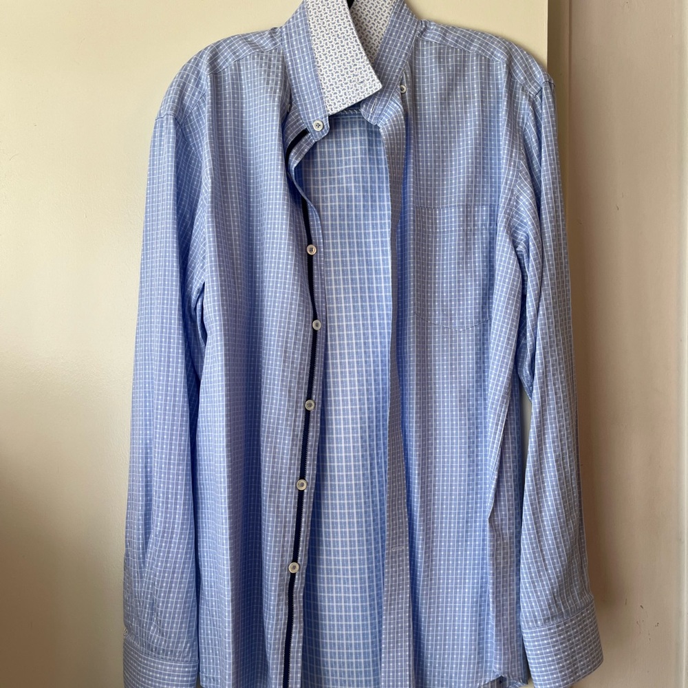 Bagatchi long sleeve button down blue and white shirt shaped fit
